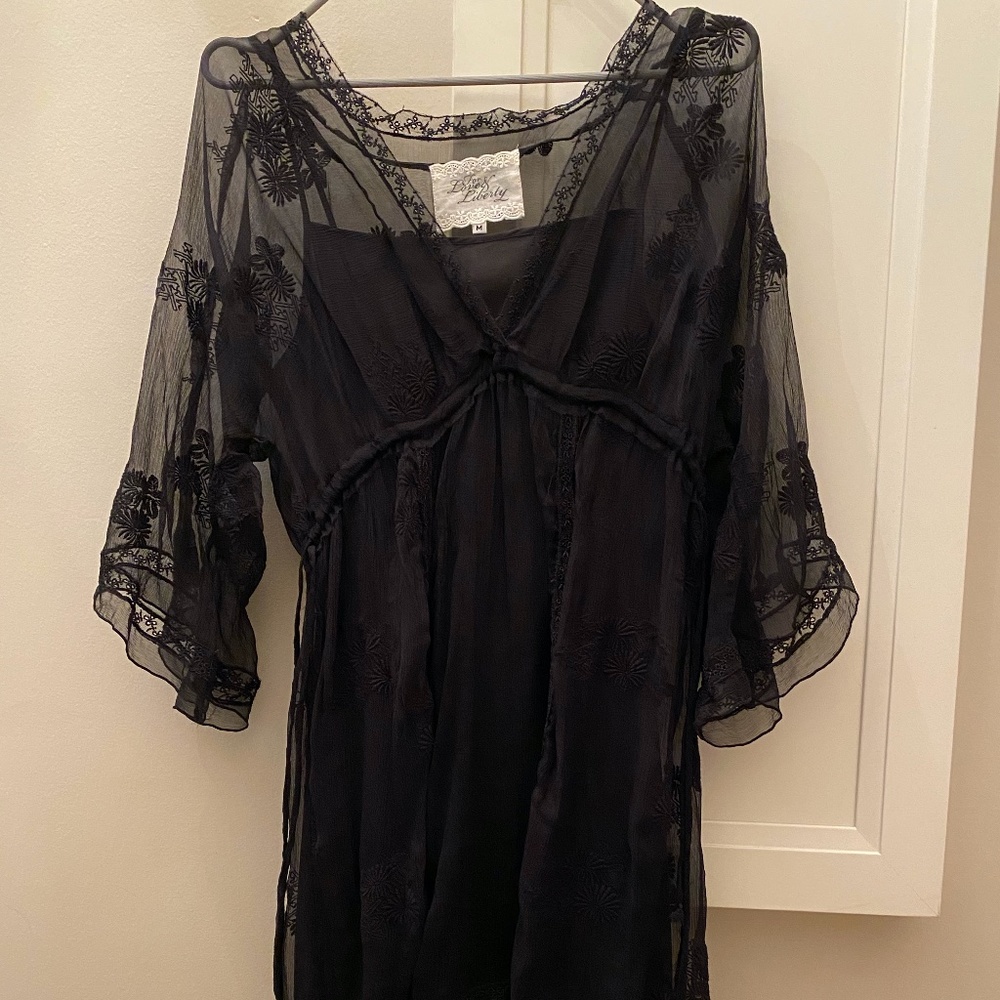 Black 100% silk sheer embroidered dress